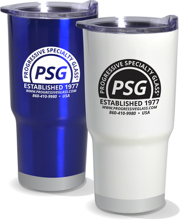 32oz Stainless Steel Insulated Tumbler with two colored metal tumblers, blue and white with custom logos printed on them