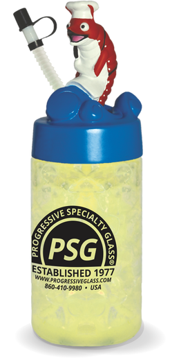 24oz Plastic Shrimp Sipper with shrimp character on top and custom logo printing