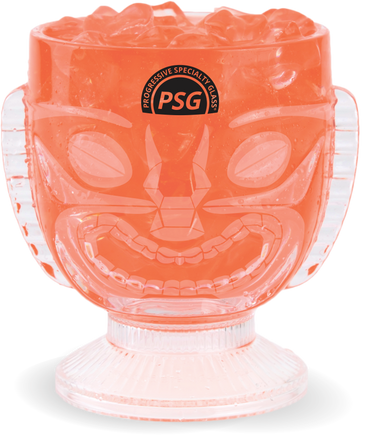 15oz Plastic Squat Tiki, a clear cup with a tiki face, logo printed and filled with a fun drink
