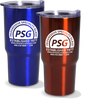 24oz Stainless Steel Tumbler in colors red and blue with custom white logo