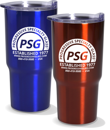 24oz Stainless Steel Tumbler in colors red and blue with custom white logo