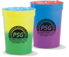 Magical Stackers showing the different changing colors, yellow to green and blue to purple, when filled with liquid. Custom logo printed on cup.