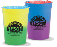 Magical Stackers showing the different changing colors, yellow to green and blue to purple, when filled with liquid. Custom logo printed on cup.