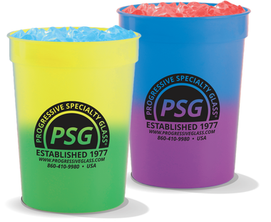 Magical Stackers showing the different changing colors, yellow to green and blue to purple, when filled with liquid. Custom logo printed on cup.