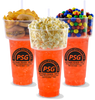 32oz Plastic Food Cup is a drink cup on the bottom with a custom logo and a container on the top to hold food.