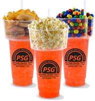 32oz Plastic Food Cup is a drink cup on the bottom with a custom logo and a container on the top to hold food.