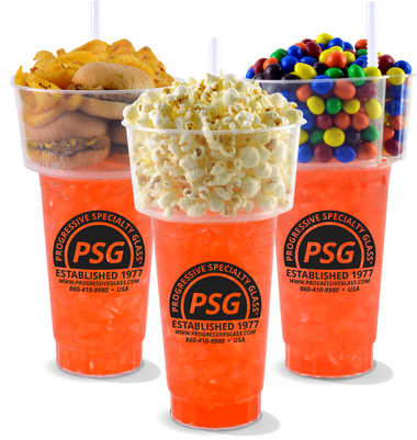 32oz Plastic Food Cup is a drink cup on the bottom with a custom logo and a container on the top to hold food.