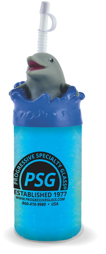 16oz Plastic Dolphin Sipper, a cup with a dolphin character on top, and a custom logo on the cup