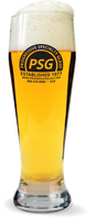 19oz Clear Pilsner Glass filled with beer, with a custom logo