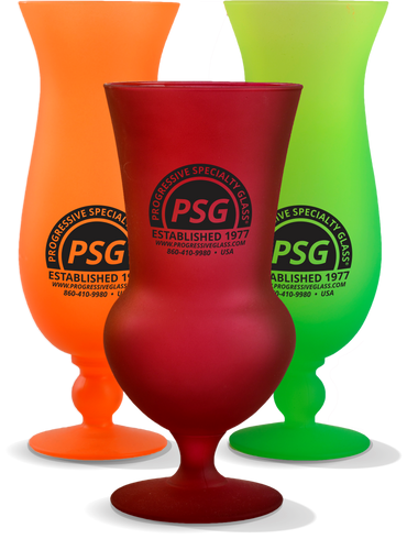 Matte-Coated Glassware in a variety of colors, orange, red, green and different shapes, with a custom logo