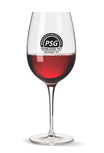 19oz Wine Glass with a custom logo filled with red wine