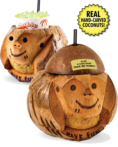 16oz Monkey Coconut is a real hand carved coconut in the shape of a monkey face. Comes with a lid and straw.