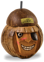 16oz Pirate Coconut is a real hand carved coconut in the shape of a pirate face. Comes with a lid and straw.