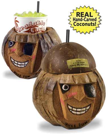 16oz Pirate Coconut is a real hand carved coconut in the shape of a pirate face. Comes with a lid and straw.
