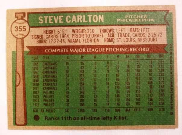 Steve Carlton Card 1976 Topps #355