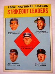 1963 Topps #9 1962 NL Strikeout Leaders Drysdale, Koufax, Gibson, Farrell, O'Dell EX 