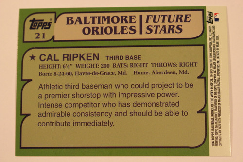 Baseball Cards, Cal Ripken, Ripken, 2006 Topps, 1982 Topps, Orioles, Rookie, Rookie of the Week