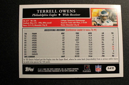 Football Cards, Terrell Owens, Owens, 2005 Topps, Eagles, Turn Back the Clock