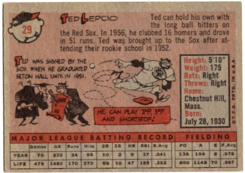 1958 Topps, Baseball Cards, Topps,  Lepcio, Ted Lepcio, Red Sox