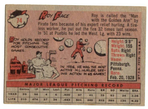 1958 Topps, Baseball Cards, Topps,  Roy Face, Face, Pirates