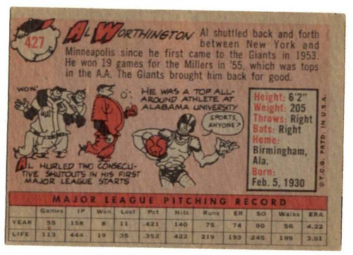 1958 Topps, Baseball Cards, Topps, Al Worthington, Giants