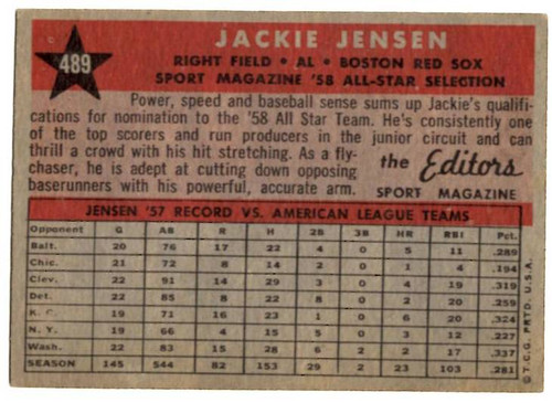 1958 Topps, Baseball Cards, Topps, Jackie Jensen, Red Sox, Sport Magazine, '58 All Star