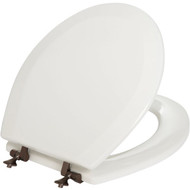 Mayfair Round STA-TITE White Wood Toilet Seat with Oil Rubbed Bronze Hinges