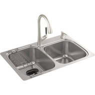 Kohler All-in-One Double Bowl 33 In. x 22 In. x 9 In. Deep Stainless Steel Kitchen Sink Kit  Drop-In/Under Mount