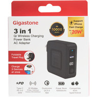 Gigastone 10 000 mAh 3-In-1 Qi Wireless Charging Black Power Bank with AC Adapter