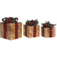 Alpine Warm White LED Rustic Wood with Red Plaid Ribbon Christmas Gift Box Set (3-Piece)