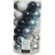 Decoris 2.4 In. Shatterproof Misty Blue  Night Blue  Moss Green  Silver  & Winter White Bauble Christmas Ornament (37-Pack)