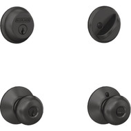 Schlage Matte Black Single Cylinder Deadbolt and Plymouth Keyed Entry Knob