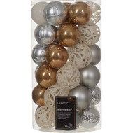 Decoris 2.4 In. Shatterproof Ginger Brown  Wool White  Marble Gray  Silver Bauble Christmas Ornament (37-Pack)
