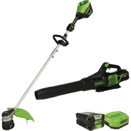 Greenworks 80V 16 In. Front Mount String Trimmer and 730 CFM Axial Leaf Blower Combo w/2.5 Ah Battery & Charger