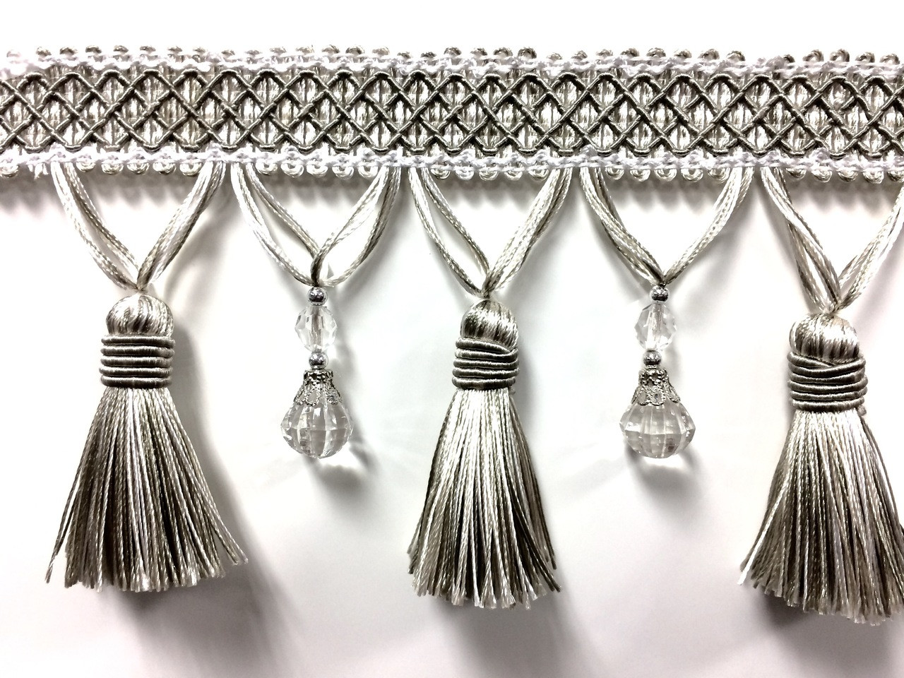 TF-69////4-2 taupe /& creamy white 4 1//4/" Crystal Beaded Tassel Fringe