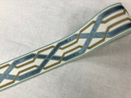 Cream, Aqua & Colonial Blue 3.75 Inch Woven Suede Embroidery Trim Tape H-17955