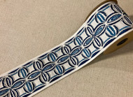 4" White, Navy & French Blue Woven Embroidery Trim Tape H-007 Upholstery / Drapery / Home Furnishing / Interior Design