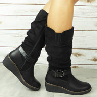 SEVYN Black Mid Calf Wedge Heel Rouched Boots 