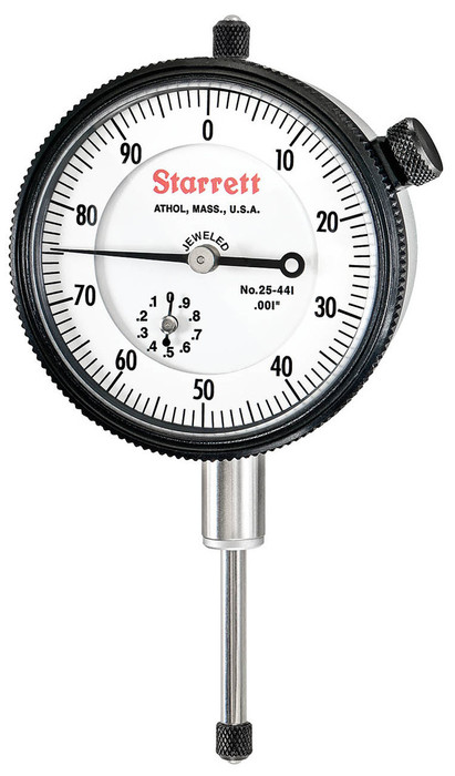 Starrett 25-441J - Dial Indicator 0-1.000" with Jewel Bearings and Lug-On-Center Back, White Face, .001" Graduations USA 