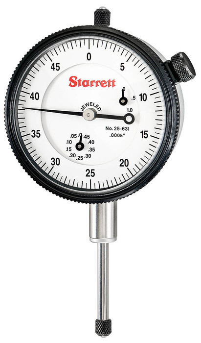 Starrett 25-631J - Dial Indicator 0-1.000"R with Jewel Bearings and Lug-On-Center Back, White Face, 00-50 Continuous Dial.0005" Grad. USA