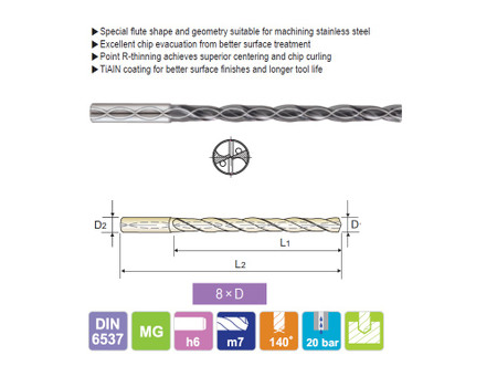 YG1 DH453032 - 3.2mm x 6 mm shk x 34mm loc x 72 mm oal, TiAlN Coated Carbide Dream Drill Extra Long for Stainless w Coolant Holes (8XD)