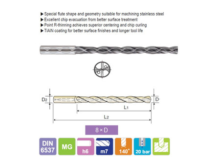 YG DH453053 - 5.3 x 6 mm shk x 57 mm loc x 95 mm loc, TiAlN Coated Carbide Dream Drill Extra Long for Stainless w Coolant Holes (8XD)