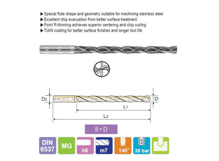 YG1 DH453180 - 18.0 x 18 mm shk x 171mm loc x 222 mm oal TiAlN Coated Carb. Dream Drill for Stainless w Coolant Holes (8XD)