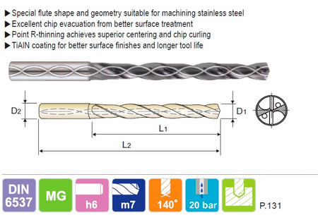YG DH452160 - 16.0mm x 16 x 83 x 133 Carbide Dream Drill for Stainless w Coolant Holes, TiAIN Coated, Long (5XD)