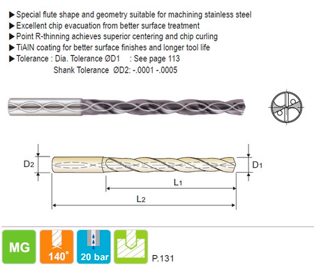 YG DH464024 - 3/8 x 25/64 x 3-5/32 x 5-23/64 Carbide Dream Drill for Stainless w Coolant Holes, TiAIN Coated, Long (5XD) 