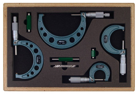Mitutoyo 103-931 - 0 - 4" Outside Micrometer Set 4 Pc .0001 RA W/ST Hammertone Baked Enamel