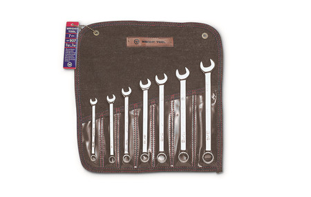 Wright Tool - 7 Pc WRIGHTGRIP® Combination Wrench Set 12 Pt Full Polish 3/8" - 3/4" w Denim Roll USA Mfg