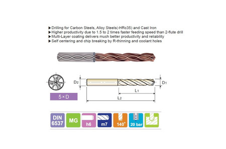 YG DGR495120 - 12.0mm x 12 x 71 x 118 Carbide Dream Drill High Feed 5XD, H-Coated w Coolant Hole