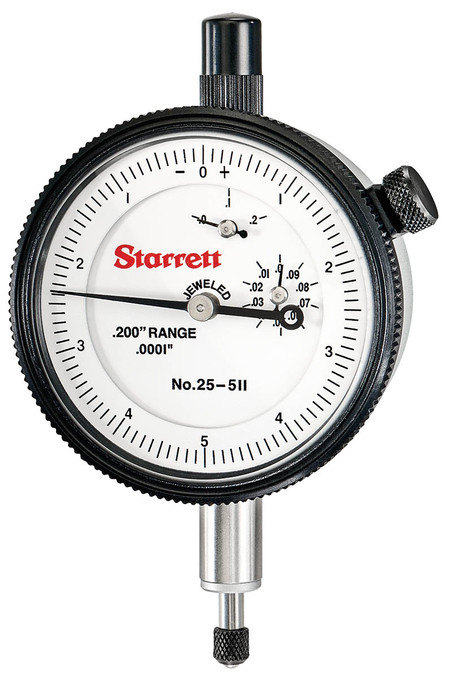 Starrett 25-511J - Dial Indicator, 0 -.200", .0001" GRAD with Jeweled Bearings and Lug-On-Center Back. 53299