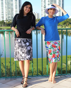 Models wearing style 2629 swim tops and style 2622 swim skirts